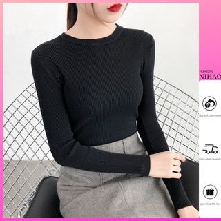 Áo thun nữ nihao dài tay cổ tròn dáng dài chất thun gân, áo thun tay dài cổ tròn len tăm cực đẹp