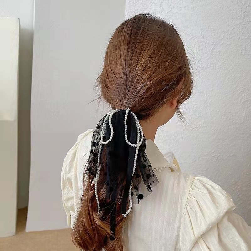 Dây Buộc Tóc Đính Ngọc Trai Và Nơ Phong Cách Hàn Quốc Cho Nữ