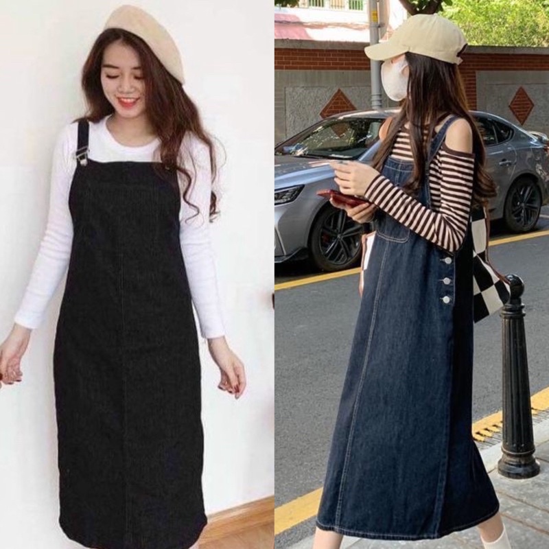 (40-67kg)Yếm jean dáng dài, Sét váy yếm jean áo thun siêu xinh