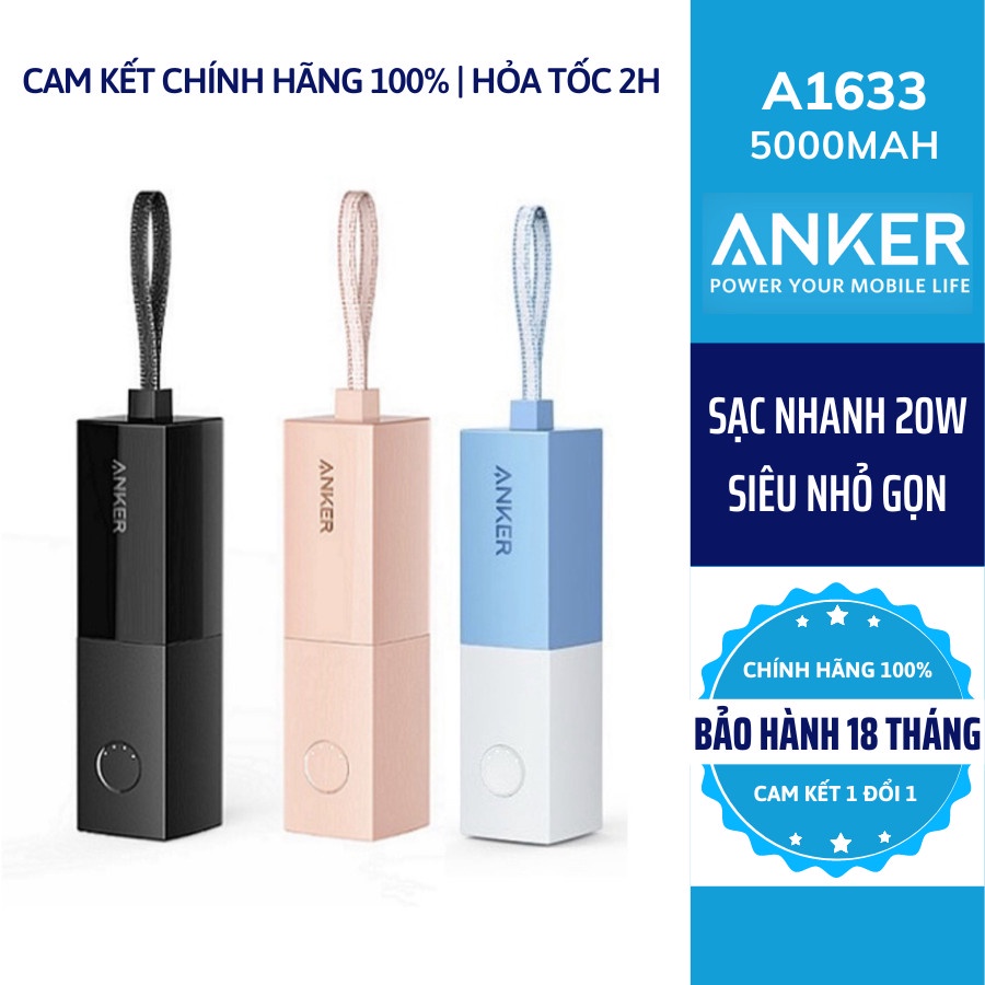 Củ sạc nhanh 20w kiêm Pin dự phòng 5000mah Anker A1633 hình thỏi son PD 20w BH18 tháng