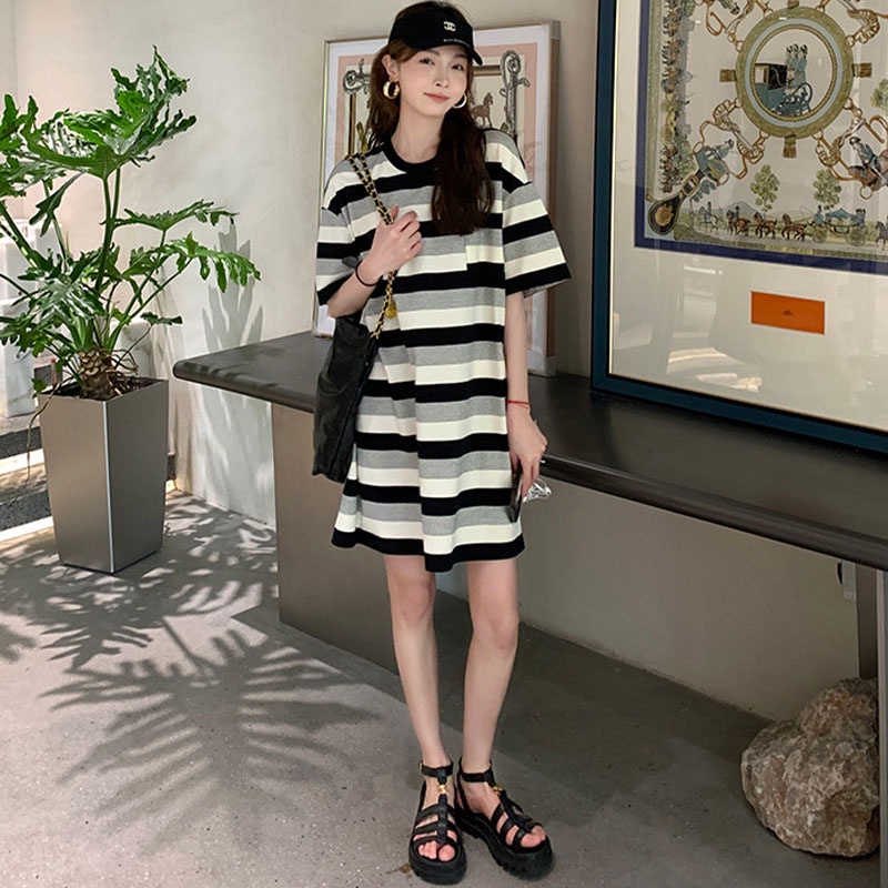 Đầm XINLANYASHE ngắn tay dáng rộng họa tiết kẻ sọc thời trang Hàn Quốc giản dị dành cho bạn nữ