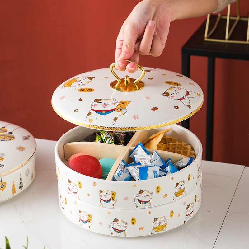 KHAY MỨT SỨ 2 TẦNG MÈO THẦN TÀI ( CÓ HỘP ĐẸP)