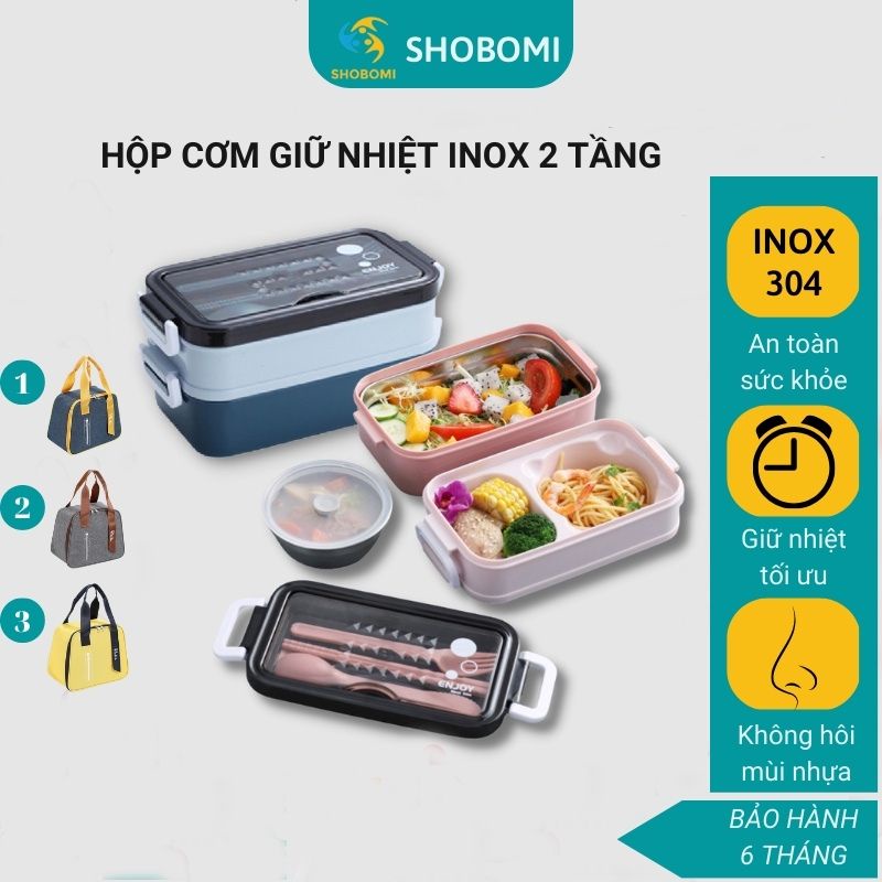 Hộp cơm cặp lồng cơm cà men giữ nhiệt cho học sinh văn phòng Bento inox 2 ngăn dung tích lơn chống tràn HDC1