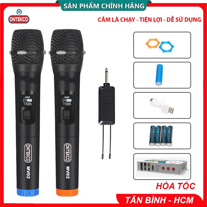 Trọn Bộ 2 Micro không dây cao cấp Ontekco Mv02 đa năng dùng mọi loại loa, amply CHÍNH HÃNG