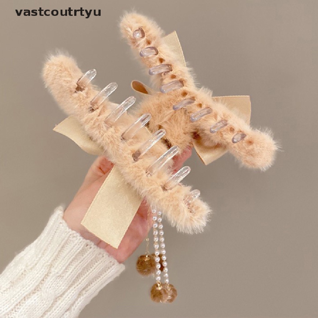 Vas Kẹp Tóc Càng Cua Đính Nơ Tua Rua Lông Xù Dày Dặn Dễ Thương Mùa Đông Cho Nữ n