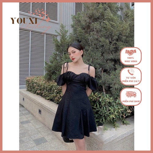 Đầm dự tiệc màu đen xếp li hai dây cổ vuông tay bồng, váy tiểu thư nữ dáng xòe đi chơi mùa hè - Youxiclothing