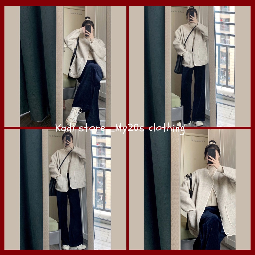 ÁO KHOÁC DẠ TWEED CỔ TIM MÀU BE TÚI VUÔNG 2 BÊN