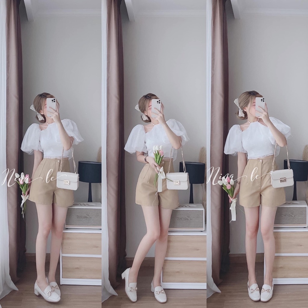 Áo cổ yếm khoét vai tay bồng tơ 2 lớp nhún lưng