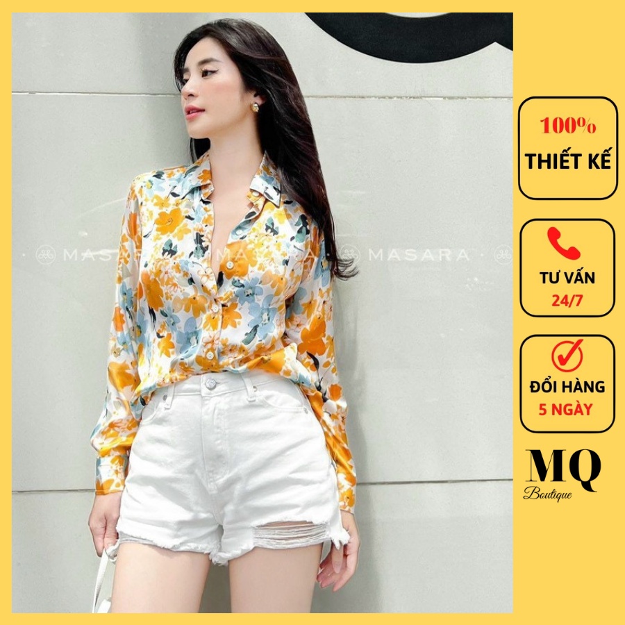 Áo sơ mi nữ dài tay lụa cao cấp công sở họa tiết hoa vàng cam nhẹ nhàng thanh lịch , áo sơ mi thiết kế MQ Boutique