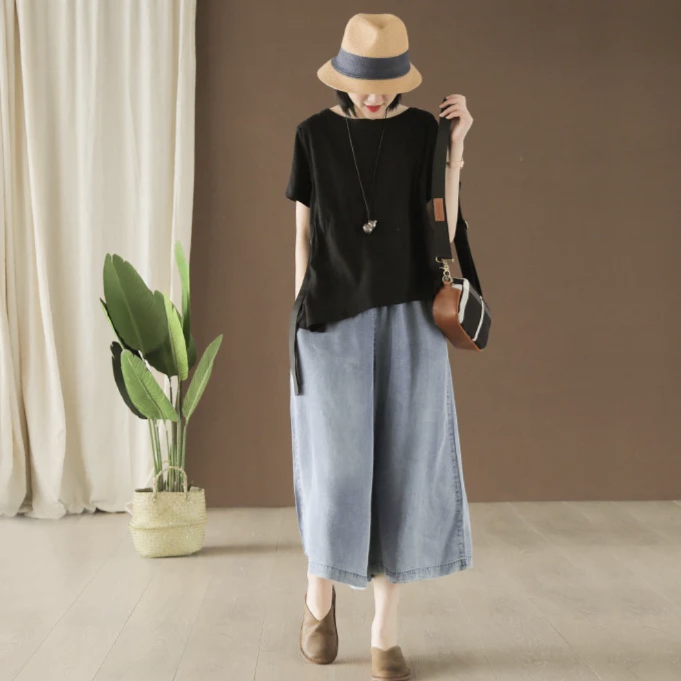 Quần baggy nữ KAMAKA Kamaka denim ống rộng dây rút - NU5442