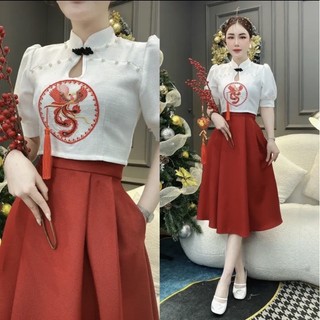 Set Thiết Kế Áo Cổ Tàu Phối Chân Váy Xếp Ly - Áo Dài Cách Tân - Set Đồ Tết