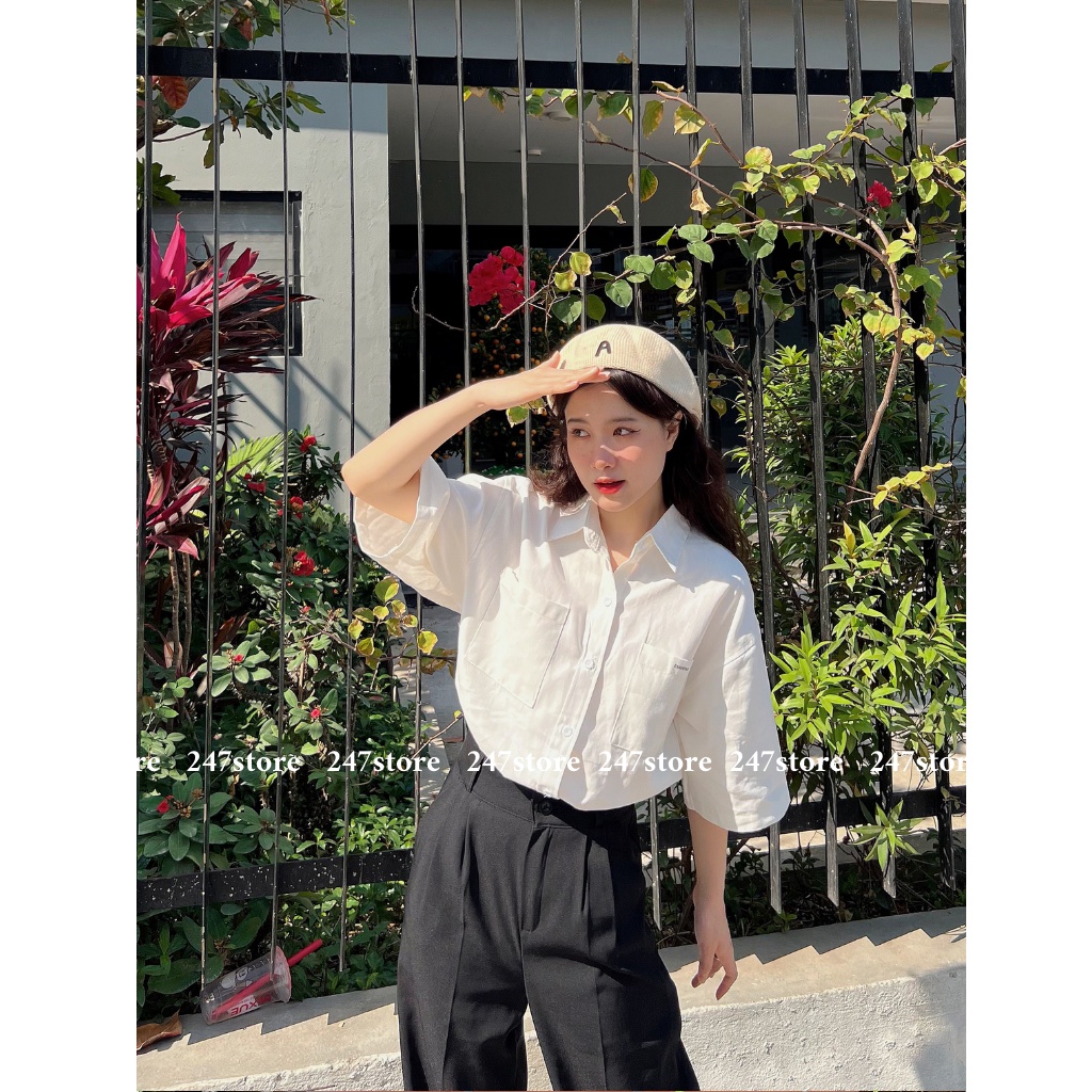 Áo sơ mi tay cộc chữ ESSENTIALS màu trắng chất thô mát form rộng AoSMEssential2619