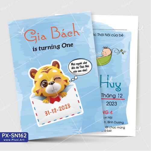 Thiệp thôi nôi – sinh nhật Pluxi bé Trai tuổi Dần - Cọp