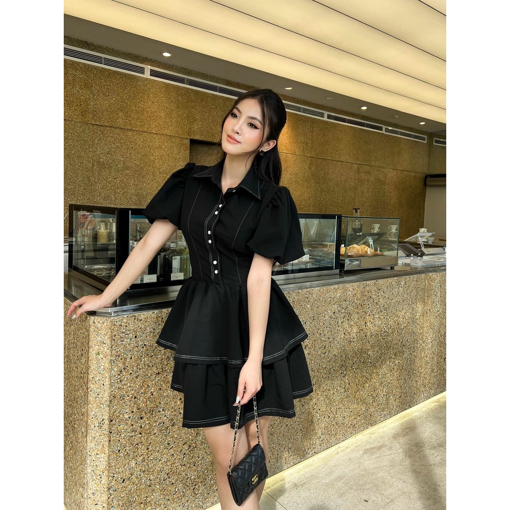 ĐẦM TAY NGẮN CỔ SƠ MI CHỈ NỔI HAI TẦNG D407 - TINFOUR