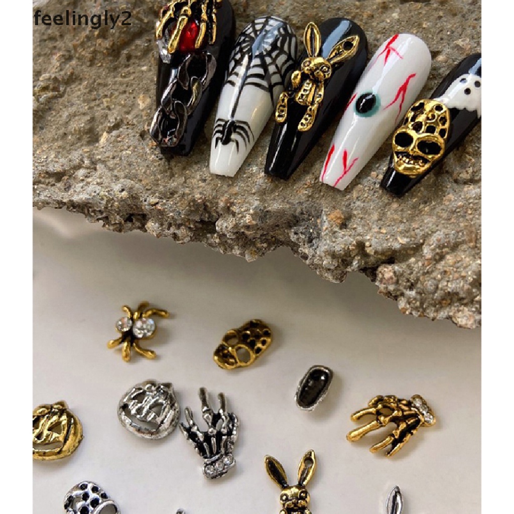 [Hàng Có Sẵn] Set 10 Đinh Tán Kim Loại Mạ Vàng / Bạc Đính Móng Tay Phong Cách Punk Halloween Ch (F)