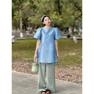 ( Hàng có sẵn ) Set áo cổ tàu phối viền + Quần suông lụa ống rộng