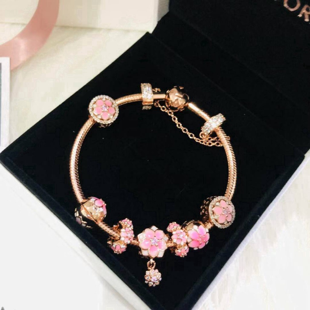 Hàng Bán Chạy Nhất * Spot * Hộp Quà Vòng Tay Chuỗi Hạt Hoa Anh Đào Hồng Vàng Hồng Pandora Quà Tặng SS369