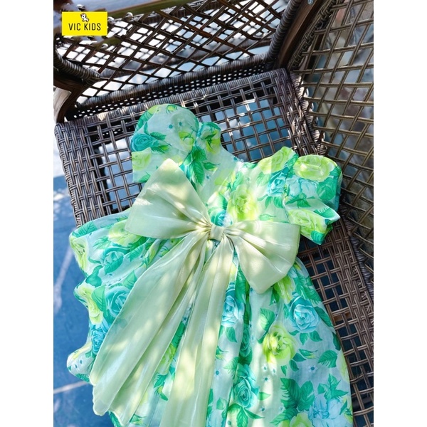 Đầm Công Chúa Tơ Óng In Hoa Xanh Tay Phồng Sofia Cho Bé Từ 10-40Kg