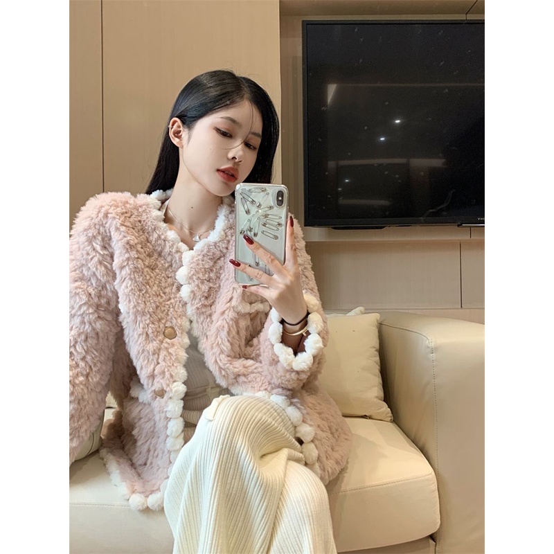 Áo Khoác Cotton Giả Lông Thỏ Màu Hồng Cao Cấp Thời Trang Thu Đông Dành Cho Nữ