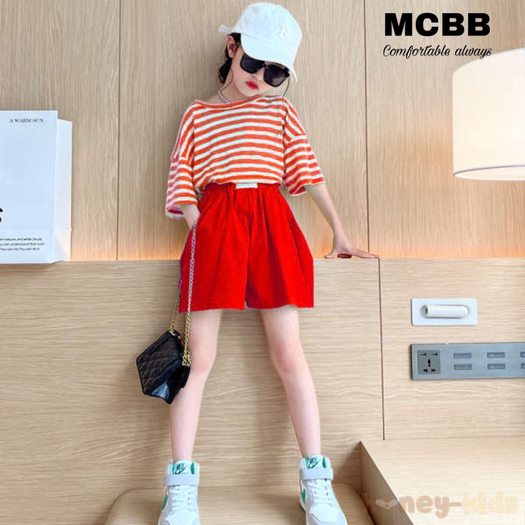 MCBB 24-49Kg 100% Vải Cotton Bộ Đồ Bé Gái Áo Thun Bé Gái Sọc Ngang Quần Lưng Cao Đùi Áo Phông Ngắn Tay Quần Áo Bé Gái Nữ