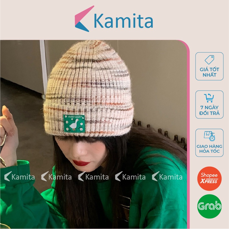 Mũ Len Dệt Kim Thêu Hình Con Vịt KAMITA Thời Trang Hàn Quốc, Nón Len Beanie Dài Đẹp Unisex Cao Cấp Vintage Mùa Đông ML05