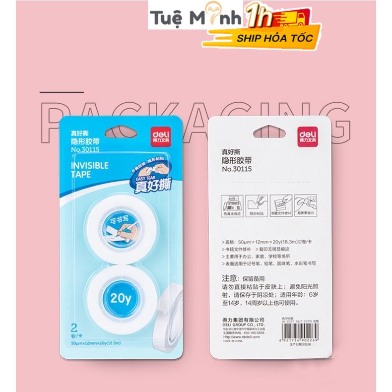 Bộ 2 cuộn băng dính ghi chú note trong mờ WA03C 30115 VPP Tuệ Minh, băng keo note Deli dễ dàng xé tay tiện lợi