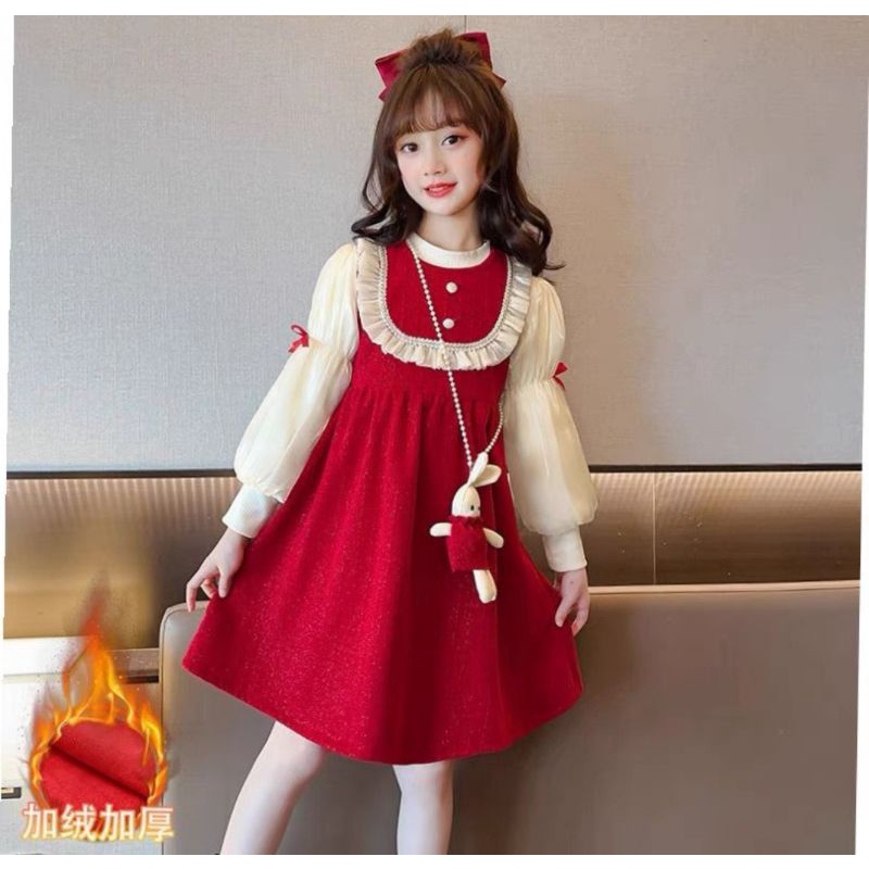(22-35kg) Váy nhung đỏ bé gái size đại tay bồng kèm túi