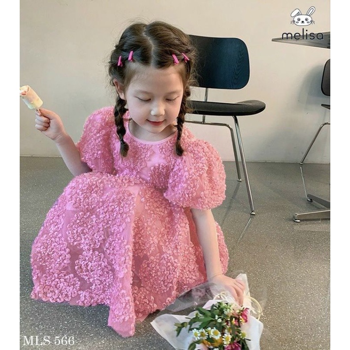 Váy bé gái màu hồng hoa nổi 3D