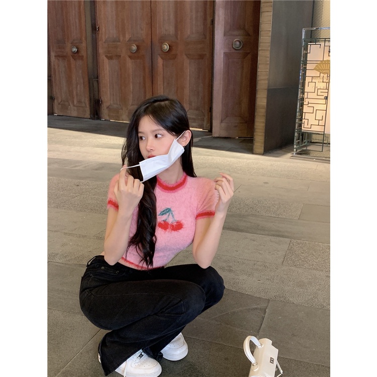 QKOOLE Áo crop top  tay ngắn hở rốn giả lông chồn thời trang mùa hè xinh xắn dành cho nữ