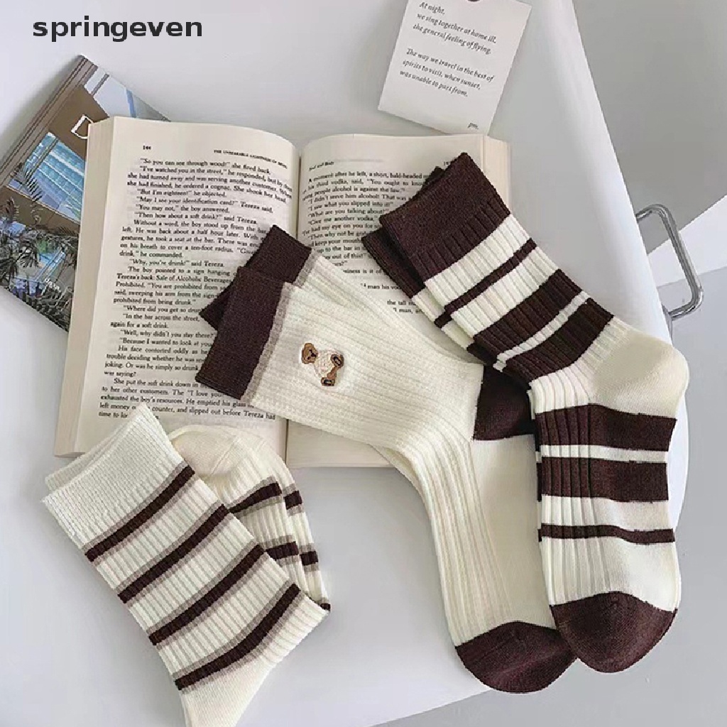 Vớ Dày Họa Tiết Sọc Trắng Đen Hình Gấu Hoạt Hình Dễ Thương Thời Trang Thu Đông Cho Nữ