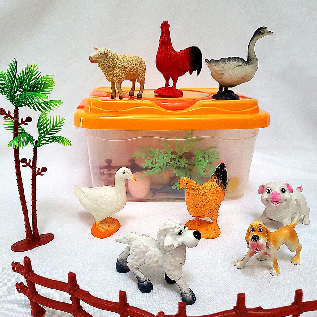 Hộp đồ chơi động vật nuôi trang trại 25 món cho bé 3 tuổi vui chơi: chó ngựa bò cừu gà vịt dê ngỗng và cây trang trí