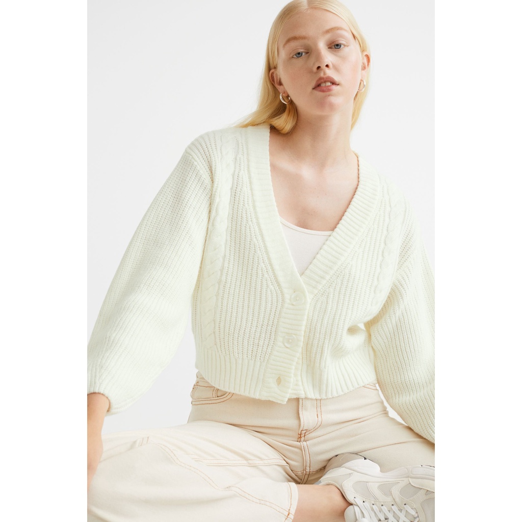 H&M Đức - Áo khoác cardigan len dày tay phồng vặn thừng nút trắng nâu tím sale auth cao cấp chính hãng có sẵn 1080845002