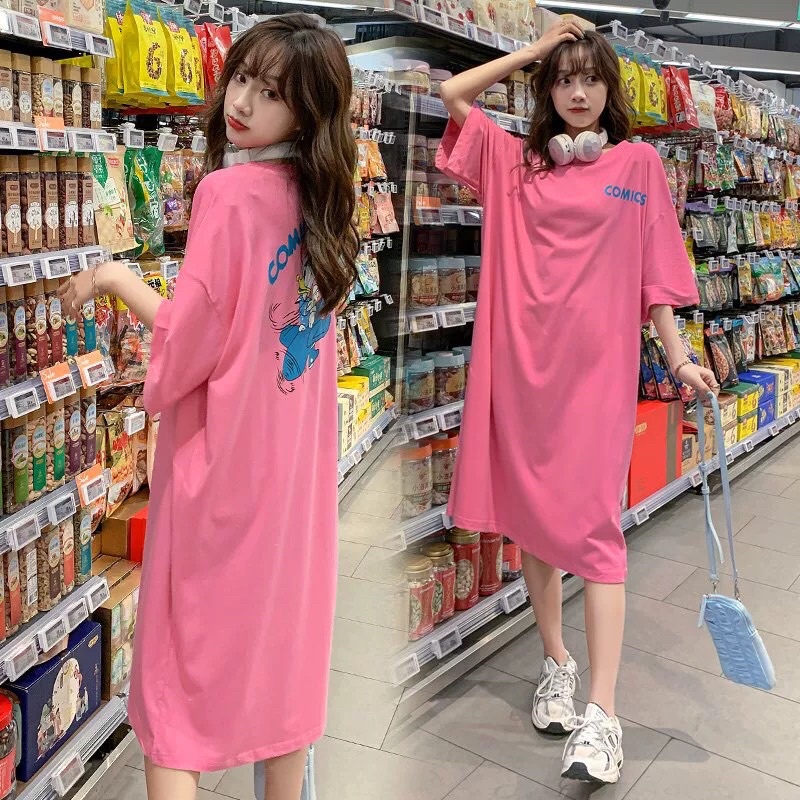 Đầm suông chất cotton cổ tròn in hoạ tiết vịt bay freesize dáng dài - Đầm ngủ thun co dãn from rộng hình chữ COMICS