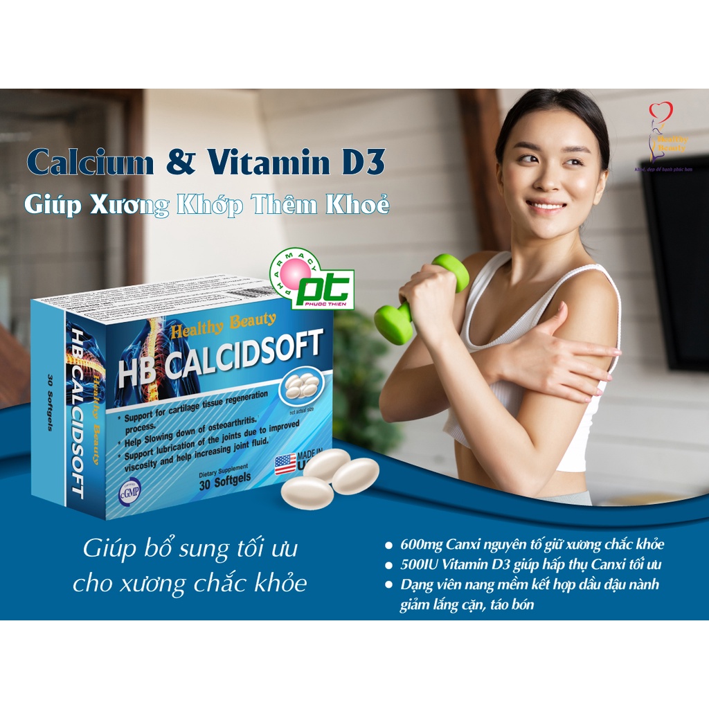 Canxi d3 HB CALCIDSOFT hộp 60 viên nang mềm - chống loãng xương, tăng chiều cao cho bé, canxi sữa