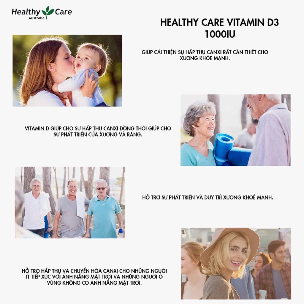 Viên uống Vitamin D3 1000IU chống loãng xương Healthy Care 250 viên Úc