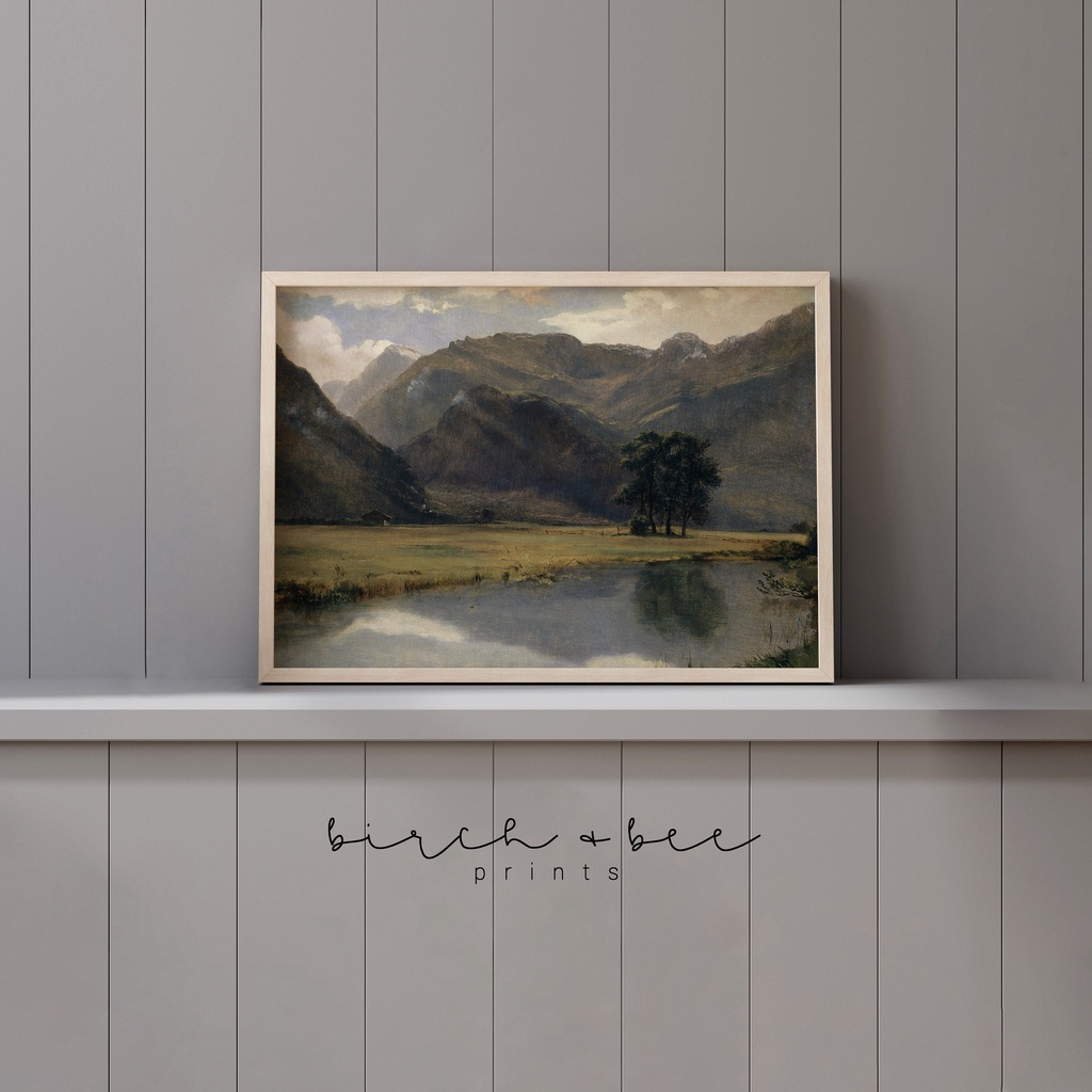 Tranh treo tường Vintage Mountain Valley Painting  European River Landscape Art Antique Cabin Art #116.