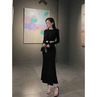 Đầm xoắn eo hai màu tay dai