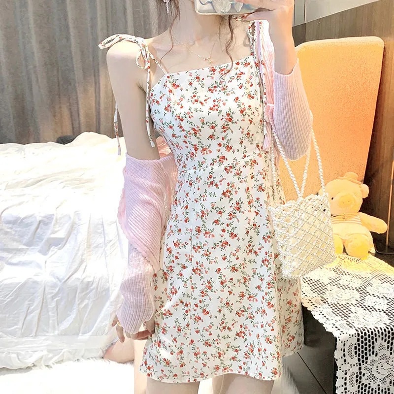 Zimaho Set Váy Đầm Hai Dây Họa + Áo Khoác cardigan Dệt Kim Tay Dài Thời Trang Mới