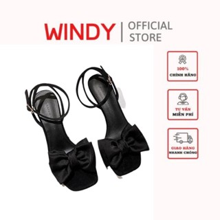 Giày Cao Gót Nữ dáng Guốc Quai Nơ Lụa Điệu Xinh Màu Trắng/Đen Gót Cao 7 phân Mũi Vuông WINDY CG-0616