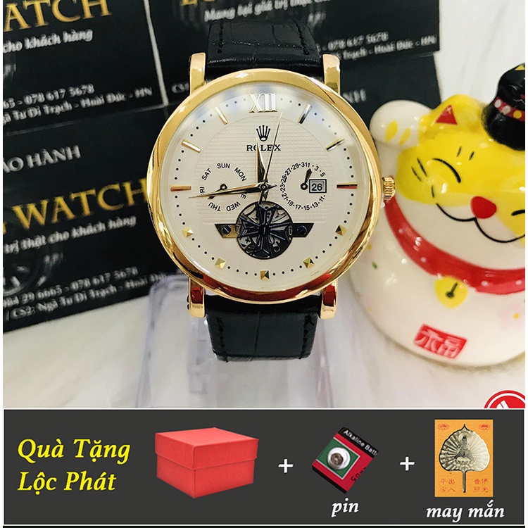 Đồng hồ nam Ro dây da mặt tròn lộ máy có lịch thiết kế thời trang sang trọng tặng kèm pin lá bồ đề trị giá 50k