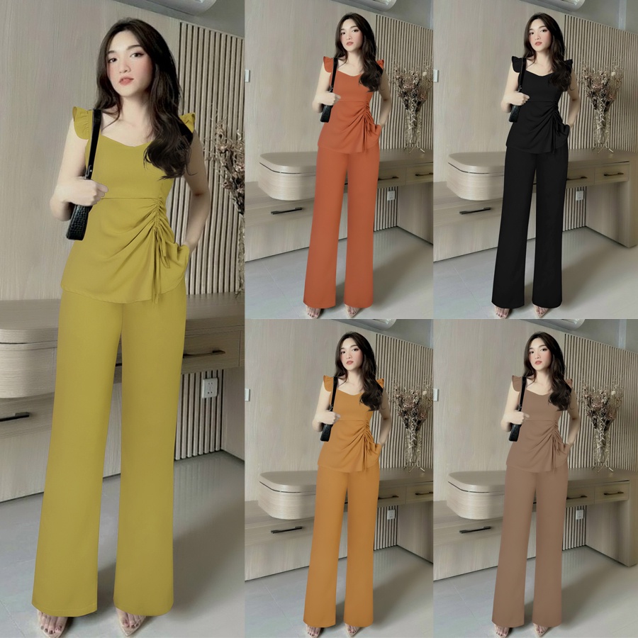 Set đồ nữ nguyên bộ quần dài ống suông , áo 2 dây bản to bèo xếp ly eo xinh xắn TJ1207