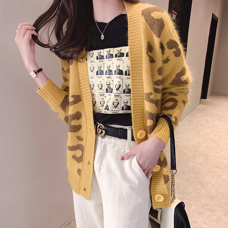 Áo Khoác Cardigan Dệt Kim Dáng Rộng In Họa Tiết Da Báo Phong Cách Hàn Quốc Thời Trang Xuân Thu Mới Cho Nữ