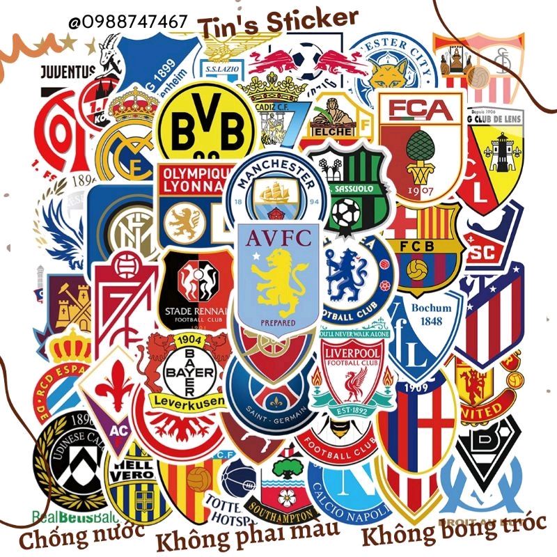 Set combo 50 miếng dán sticker logo câu lạc bộ bóng đá dán nón mũ bảo hiểm laptop vali sổ tay đàn guitar xe máy
