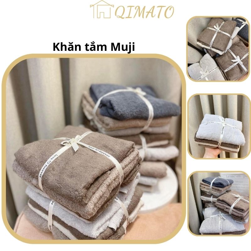 Khăn tắm Muji set 4 khăn tắm gội xuất xịn nơ lụa chất organic 100 % size 35x75 cm Qimato D1.099