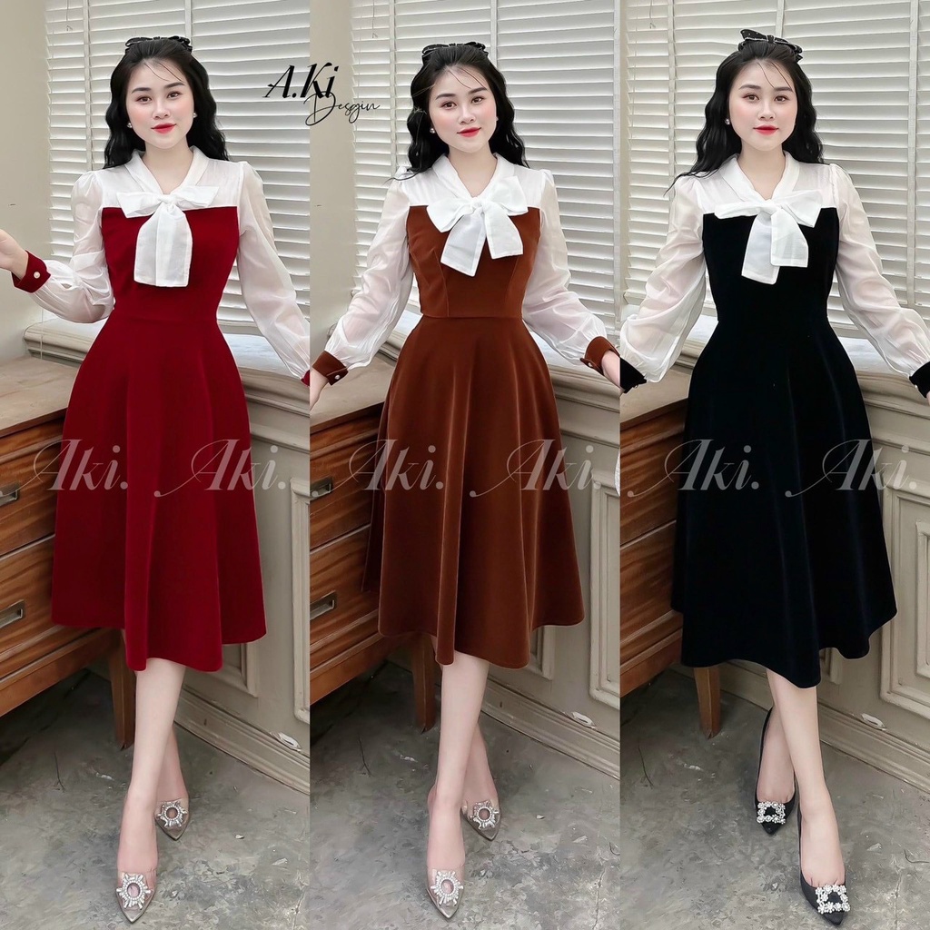 Váy đầm nhung chân lửng xòe tay dài , phối cổ nơ tiểu thư dịu dàng sang chảnh