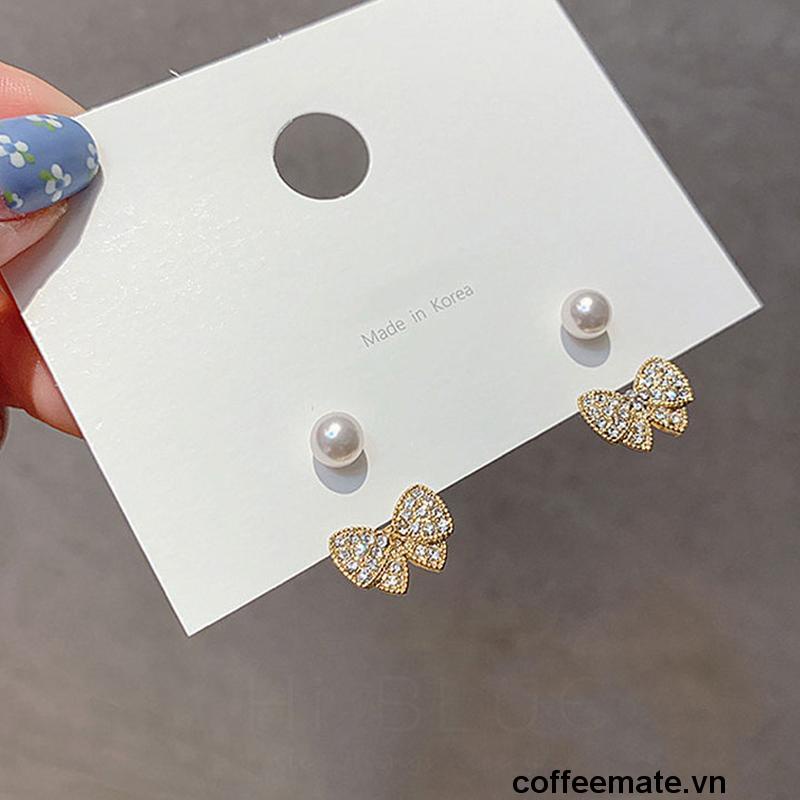 【coffeemate】⚡ Khuyên tai mạ bạc 925 hình nơ phối ngọc trai nhân tạo đơn giản phong cách Hàn Quốc bông tai nữ