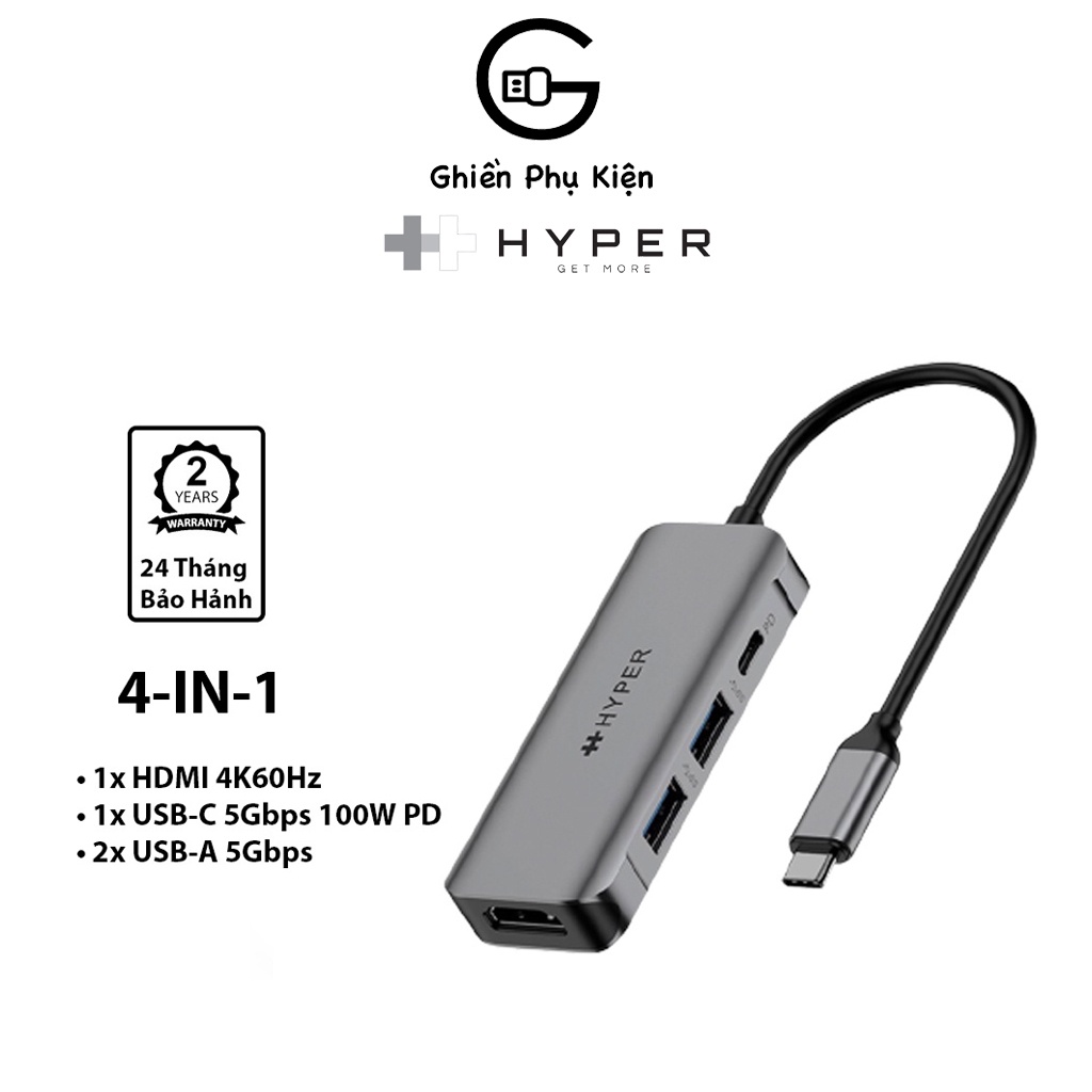 Hub HyperDrive 4IN1 HDMI 4K60HZ Cổng Chuyển Type C Dành Cho Macbook/Chromebook/PC/Smartphone - HD41