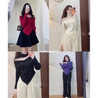 Áo len trễ vai vạt chéo kèm cổ chocker 4 màu hàng quảng châu siêu xinh