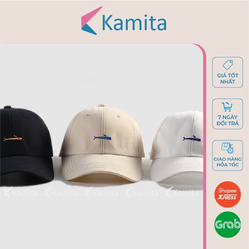Mũ Lưỡi Trai, Nón Lưỡi Trai KAMITA Thêu Cá Mập Nam Nữ Hàn Quốc, Nón Kết Đen Be Đẹp Vải Kaki Cao Cấp Chính Hãng KM03