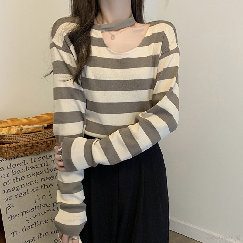 Áo Sweater Tay Dài Hoạ Tiết Kẻ Sọc Thời Trang Xuân Thu Cho Phái Nữ